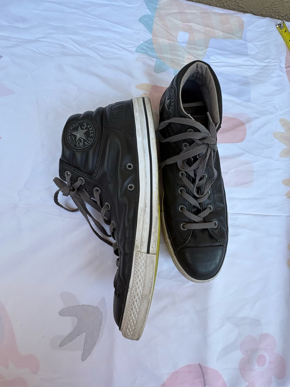 Converse Black Leather High-Top Sneakers with Gray Laces